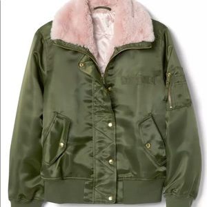 GAP Olive Green Bomber Jacket with Pink Fur-Medium